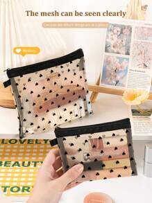 1入網狀化妝包，中號女士新款口紅化妝品組織者旅行便攜迷你心形圖案收納袋，簡單的夏季直角旅行美容收納袋化妝工具