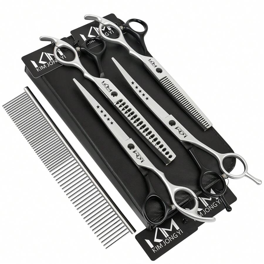 KIM JONG YI 7.5-Inch Professional Dog Grooming Scissors Set, Including Straight, Thinning, Curved And Chunker Scissors, 4pcs With Comb - Multicolor - View 1