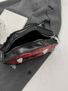 Bolso de mano multicolor con correa de crossbody en vinilo negro con labios de vampiro rojos brillantes con colmillos - Negro - Ver 4