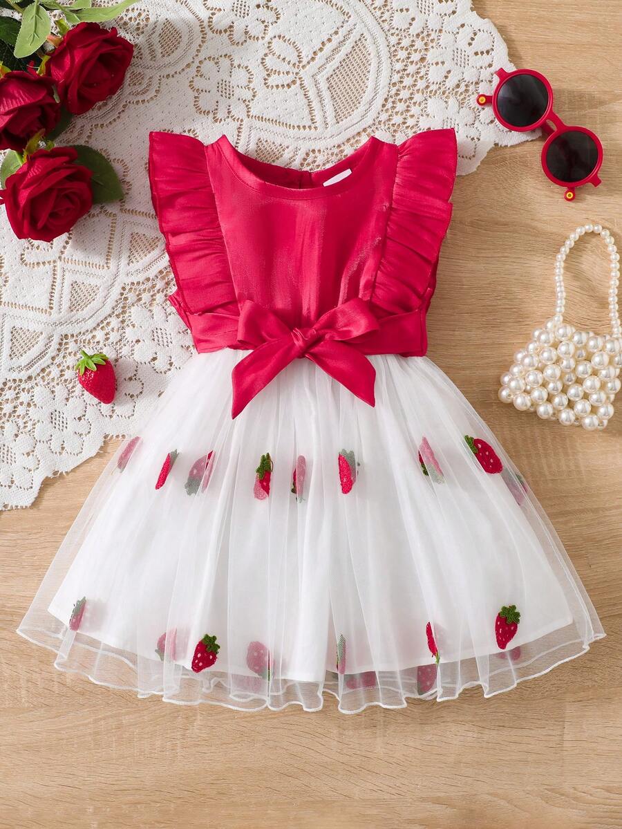 Summer Vacation Style Girls' Strawberry Print Mesh Dress With Flutter Sleeves - Pink - View 1