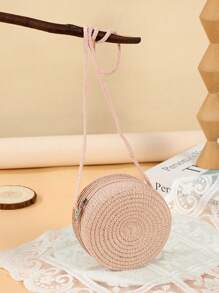 [迷你尺寸] 1 件直径 4.72 英寸平纹编织圆形拉链斜挎包，多种颜色，适合度假、日常使用和女孩 - A - 查看 10