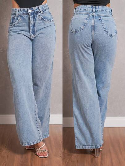 Calça Jeans Feminina Wide Leg Pantalona Cintura Alta Marmorizada Sem Lycra Boca Larga Premium Sofisticada Confortável Elegante