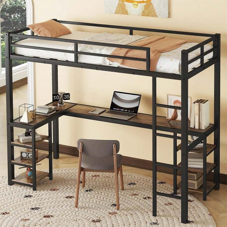 Twin XL Metal Loft Bed With Desk And Shelves, Loft Bed With Ladder And Guardrails, Loft Bed Frame For Bedroom, Black - màu đen - Xem 1