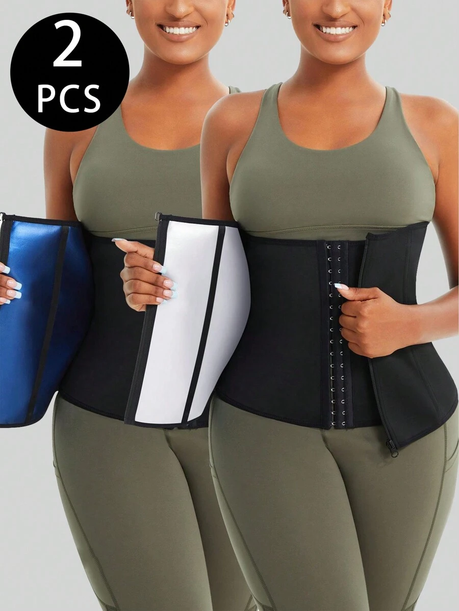 2Pcs Adjustable Waist Trainer Corset For Women - 3-Row Hook Tummy Control, Sweat Belt Body Shaper For Weight Loss And Workout