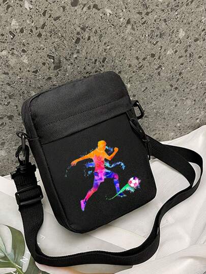 Nuova borsa a tracolla alla moda nera con dettagli da calcio, borsa a tracolla casual per telefono cellulare e sport, borsa a tracolla alla moda