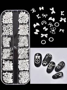 1盒12格藝術合金鉚釘套裝，包含金色和銀色蝴蝶結、星星、月亮和線條圖案，適用於指甲和趾甲裝飾，多種設計可供DIY美甲使用 - 銀色 - 查看 1
