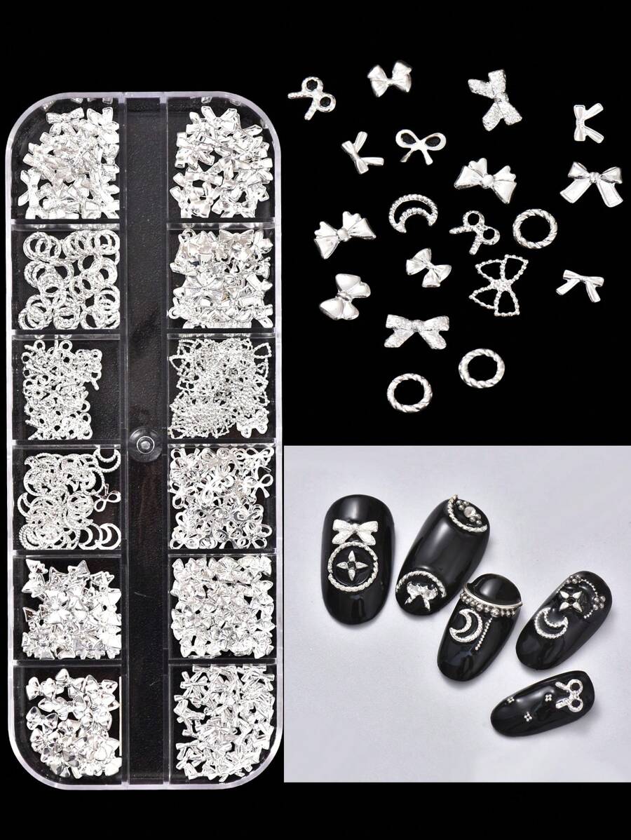 1盒12格藝術合金鉚釘套裝，包含金色和銀色蝴蝶結、星星、月亮和線條圖案，適用於指甲和趾甲裝飾，多種設計可供DIY美甲使用 - 銀色 - 查看 1