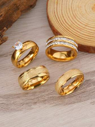 4pcs Men's Fashion Stainless Steel Ring Set, Stainless Steel Jewelry, Suitable For Daily Wear And Valentine's Day Gift For Boyfriends And Couples