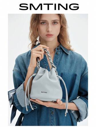 SMTING Summer French Punk Drawstring Bucket Bag Chain Crossbody Bag, Professional & Casual Shoulder Bag For Women