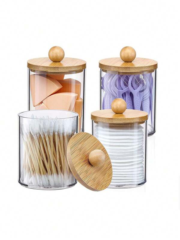 1pc Bamboo Lid Cleaning Swab Storage Box, Acrylic Portable Round Container