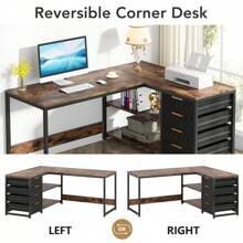 LITTLE TREE 59-Inch L Shaped Desk With Drawers, Large Computer Desk With Storage Shelves, Reversible L-Shaped Corner Desk Workstation For Home Office - màu nâu - Xem 4