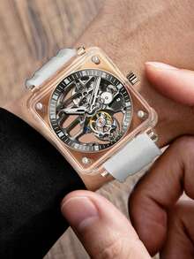 AESOP 正品陀飞轮机械表，透明镂空表盘，夜光，防水，休闲情侣腕表 - 白色 - 查看 4