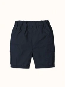 2pcs/Set Young Boy Summer Khaki + Navy Blue Solid Color Sports Cargo Shorts, Children Home & Outdoor Casual Knee-Length Pants - Multicolor - View 3