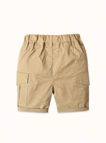 2pcs/Set Young Boy Summer Khaki + Navy Blue Solid Color Sports Cargo Shorts, Children Home & Outdoor Casual Knee-Length Pants - Multicolor - View 5