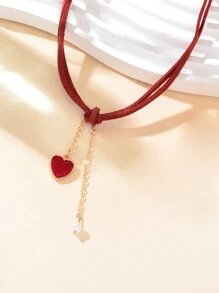 Heart Charm Choker - Burgundy - View 2