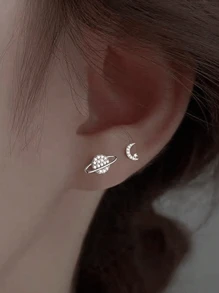 1pair Fashionable Asymmetrical Star Moon Planet Simple Personalized Earrings - A - View 4