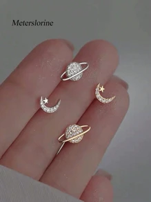 1pair Fashionable Asymmetrical Star Moon Planet Simple Personalized Earrings - A - View 2