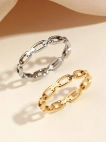 1件或2件套不锈钢时尚简约风格女士金银色长方形镂空戒指套装，适合女士日常佩戴或作为礼物赠送 - 金黃色 - 查看 1