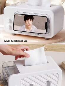 1pc Creative Multifunctional Storage Box With Phone Holder, Luxury Design, Spring-Loaded Tissue Box Cover For Living Room And Kitchen - White - View 4