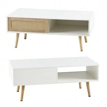 Rattan Coffee Table, 40.3" Mid Century Modern Coffee Table With Storage, Farmhouse Rectangle Wooden Accent Center Sofa Table With Rattan Sliding Door, For Living Room - 白色+白色金屬框 - 查看 6