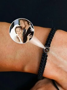 Pulsera personalizada con proyección de foto, pulsera artesanal ajustable de estilo punk colorido de cuerda trenzada con foto de pareja y acero inoxidable redonda para aniversarios, cumpleaños, uso diario, baile de graduación, San Valentín, graduación, bodas, Día del Padre