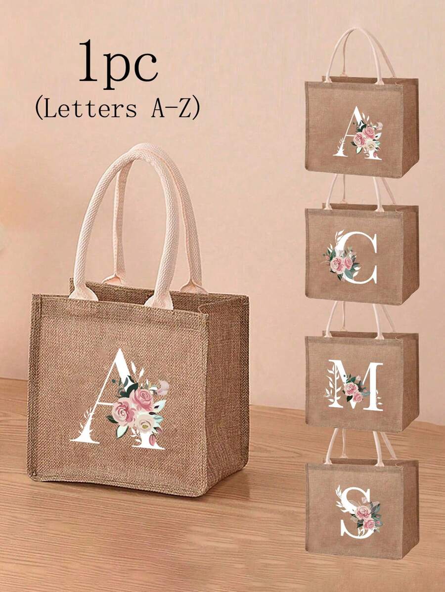 Mini Floral & Letter Print Linen Tote Bag, Women's Fashion Shopping Bag/Handbag/Grocery Bag, Teacher's Portable Tote Bag, Ideal Shopping Tote/Lunch Bag - Khaki - View 1