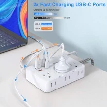 JcBlaon Flat Plug Surge Protector Power Strip, 5 Ft Braided Flat Extension Cord With 4 USB Charger(2 USB C), 6 AC Outlets Compact Desk Charging Station Wall Mount For Office, School, Dorm