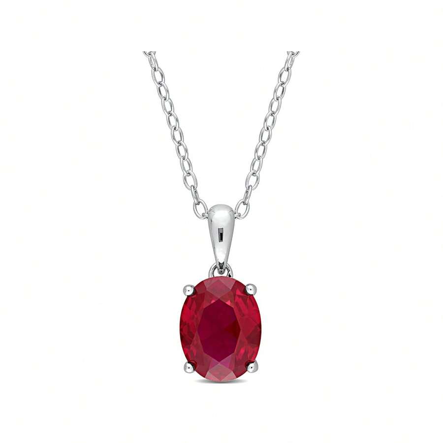 Gem And Harmony 2.95 Carat (Ctw) Lab-Created Ruby Solitaire Oval Pendant Necklace In Sterling Silver With Chain