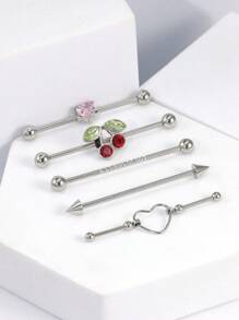 1 件心形方晶锆石樱桃水晶不锈钢工业杠铃耳环，长螺旋耳锥塞，适合女性日常佩戴耳洞首饰情人节 - 銀色 - 查看 2