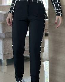 Conjunto Feminino Quadriculado Suplex Calça e Blusa - Preto - Visão 2