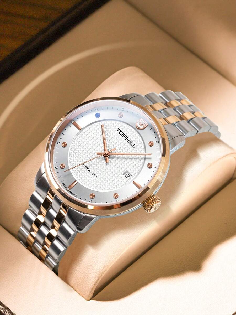 TOPHILL自動自動上鏈男士機械手錶316L不銹鋼錶帶手錶42毫米防水藍寶石手錶 - 玫瑰金 - 查看 1