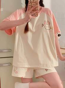 2pcs Women's Summer Cartoon Girl Printed Thin Short Sleeve Round Neck Home Wear Pajama Set, Can Be Worn Outside, Two Pieces Set