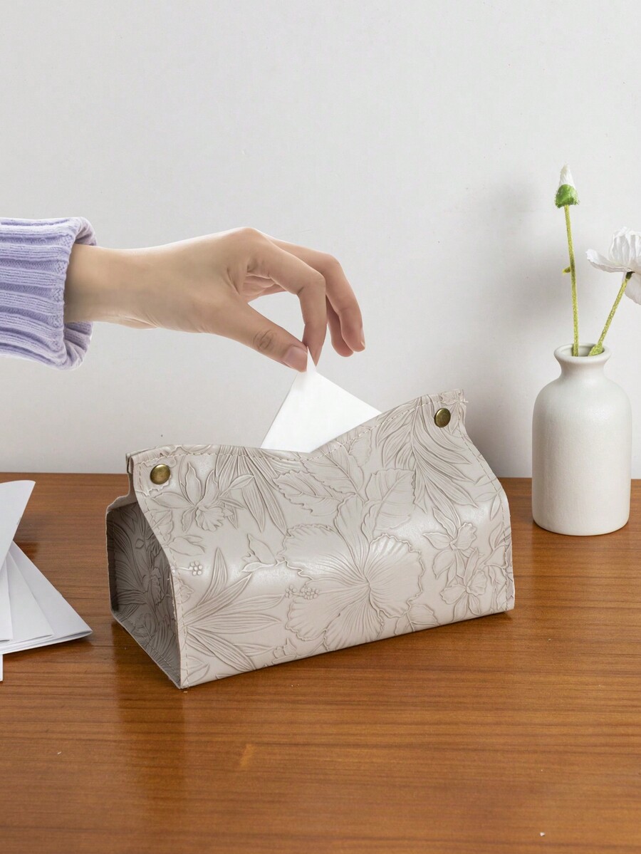 1pc Solid Color Floral Print Paper Towel Box, PU Leather Embossed V