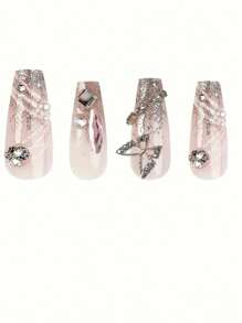 24 pièces / set Long Kit de manucure de faux ongles lumineux de style français doux papillon en argent pour femmes et filles - Multicolore - Voir 3