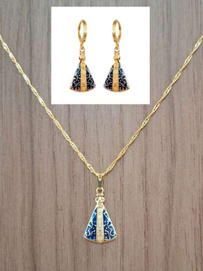 Conjunto Colar Brinco Manto Sagrado Nossa Senhora Aparecida Folheado Ouro 18k