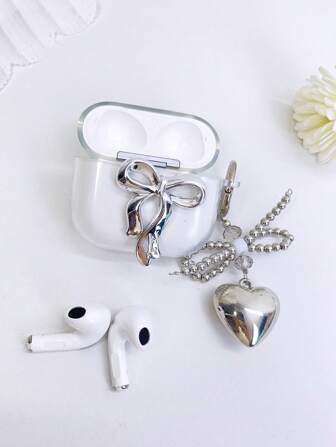 1 件银色蝴蝶结蓝牙耳机保护套，带银色蝴蝶结挂绳