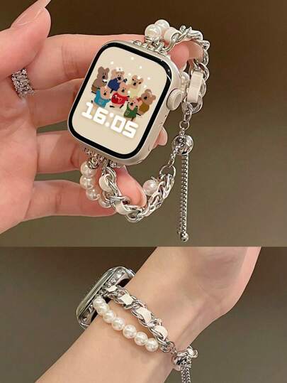 1pc Women Alloy Metal Strap With Pearl Design Compatible With Apple Watch 38/40/41/42/44/45/49/46mm Series Ultra2/Ultra/SE/10/9/8/7/6/5/4/3/2/1