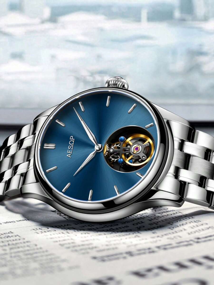 Relógio mecânico masculino Flywheel, moldura de aço inoxidável, à prova