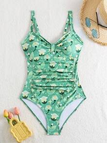 Women's Vacation Floral Print Ruffle Trim Slim Fit One-Piece Swimsuit Tummy Control Swimwear Summer - Green - View 3