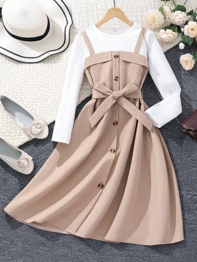 Tween Girls 2 In 1 Long Sleeve Round Neck Patchwork Dress