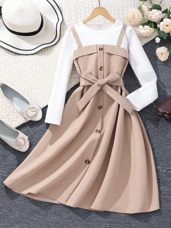 Tween Girls 2 In 1 Long Sleeve Round Neck Patchwork Dress