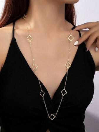 1 יחידות מתכת מינימליסטי חלול ארוך תלתן שרשרת, שרשרת תליון שרשרת פרח מזל ליום יום, מסיבה, לבוש לחופשה, מתנת אביזר מסוגננת לחברים ולחברה ולנטיינס, אמא, אמא, יום האם, מתנה