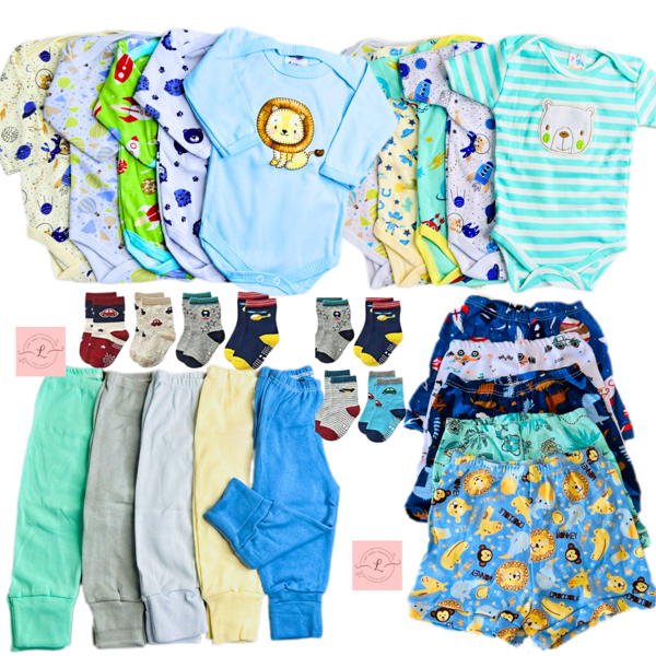 Kit enxoval 15 peças de roupa para bebe menino 100% algodão - roupa de bebe masculina 5body, 3 calça, 3 shorts e 4 meia - enxoval maternidade completo