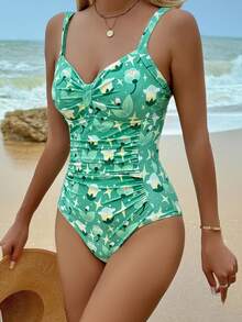 Women's Vacation Floral Print Ruffle Trim Slim Fit One-Piece Swimsuit Tummy Control Swimwear Summer - Green - View 7