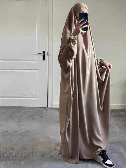 1 bucată de Abaya pentru femei, culoare solidă, material respirabil și moale, lejer și confortabil, cu design cu legături pentru o purtare ușoară, halat de rugăciune Jilbab