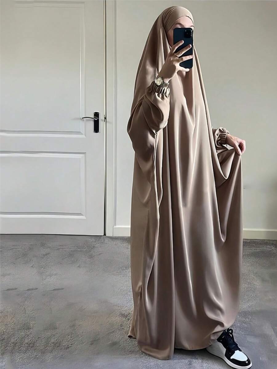 1 chiếc áo choàng Abaya Nida trơn màu cho nữ, vải thoáng khí và mềm mại, rộng rãi, thoải mái, thiết kế buộc dây dễ mặc, áo choàng cầu nguyện Jilbab - Màu Khaki - Xem 1