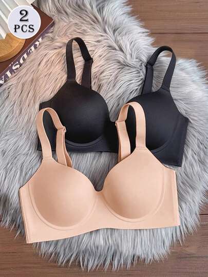 2 Packs Of Simple Solid Color Underwear, Thin, Wire-Free Push-Up, Comfortable Bra, Breast-Retracting, Anti-Sagging, Full-Cup, Seamless Bra, Lingerie