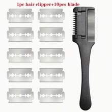 1pc Hair Comb + 10pcs Razor Blades Haircut Shaving Trimmer Styling Tools, Hair Brush Salon Barber Accessories, Blades Random