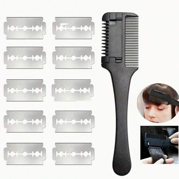 1pc Hair Comb + 10pcs Razor Blades Haircut Shaving Trimmer Styling Tools, Hair Brush Salon Barber Accessories, Blades Random