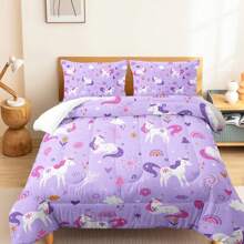 Unicorn 3 Piece Bedding Set Purple 3 Pieces Bedding Set For Girls,Unicorn Comforter Set Room Decor,Rainbow Clouds Star Quilt Set  (1 Comforter 2 Pillowcase),All Seasons - Màu tím - Xem 3